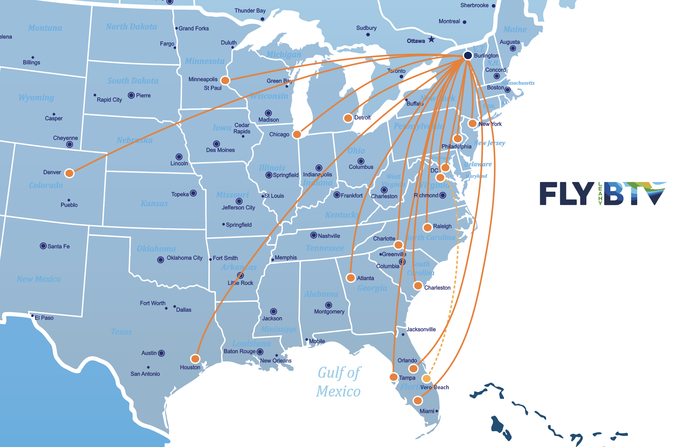 Where Leahy BTV Flys. BTV has non-stop flights to many major USA cities, Fly direct to Florida from Leahy BTV and more.